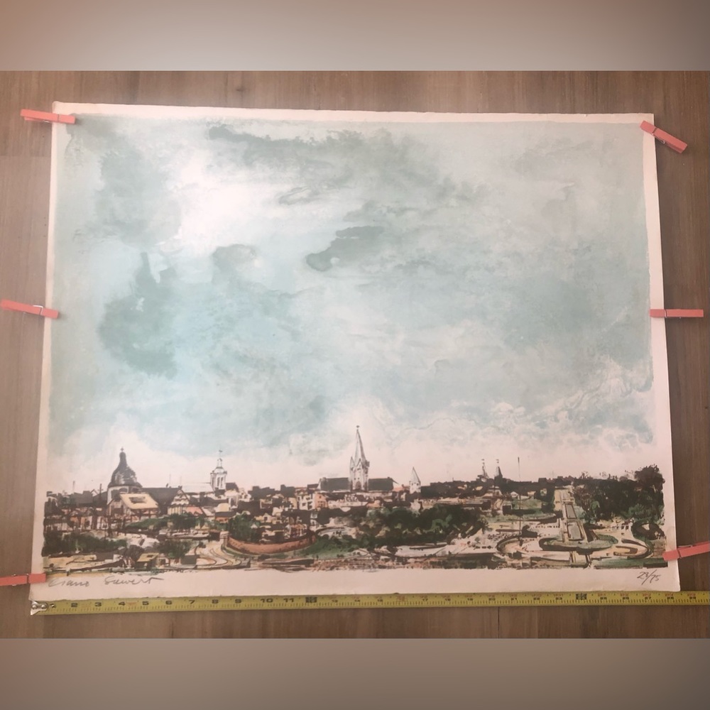 Vintage Lithograph Hand Signed & Numbered 28/75 Watercolor Landscape City Sky